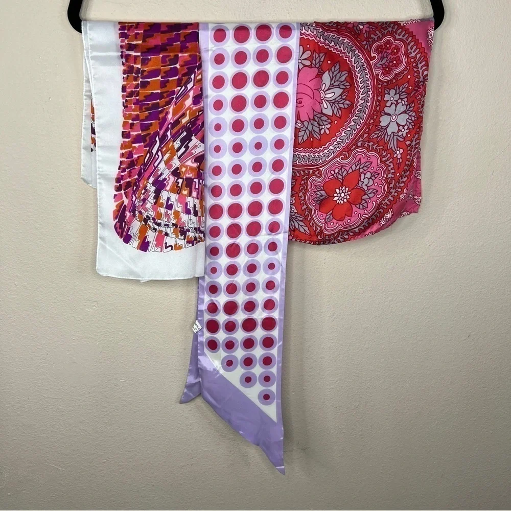Vintage Set Of 3 Scarves Pink Purple White Polka Dot Paisley Colorful Hair